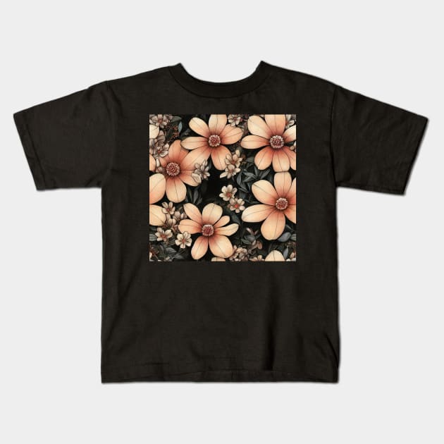 Vintage Peach Floral Design on Dark Grey Background Kids T-Shirt by VintageFlorals